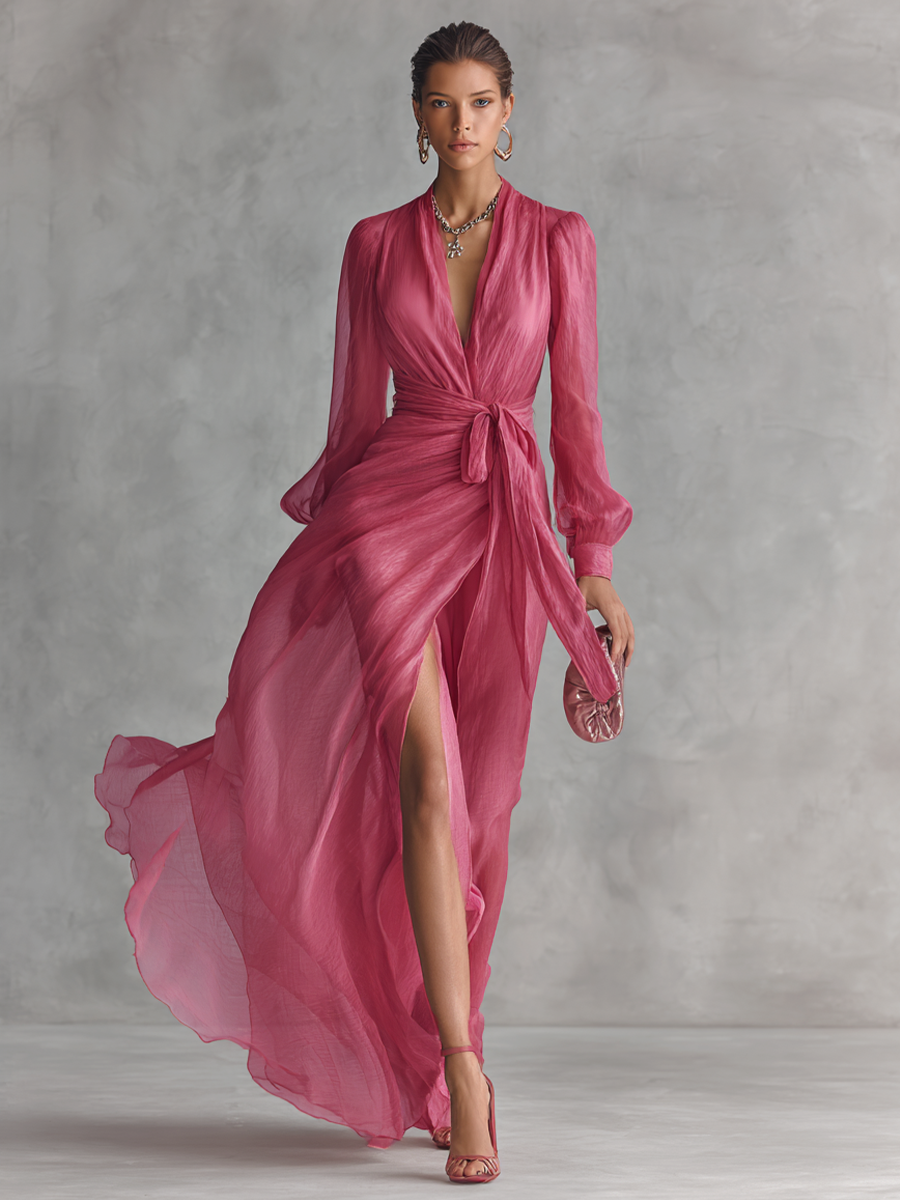 Aurea - Vestido de chiffon rosa com decote em V