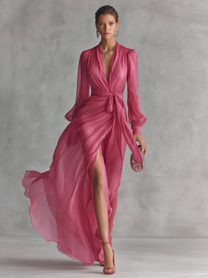 Aurea - Vestido de chiffon rosa com decote em V