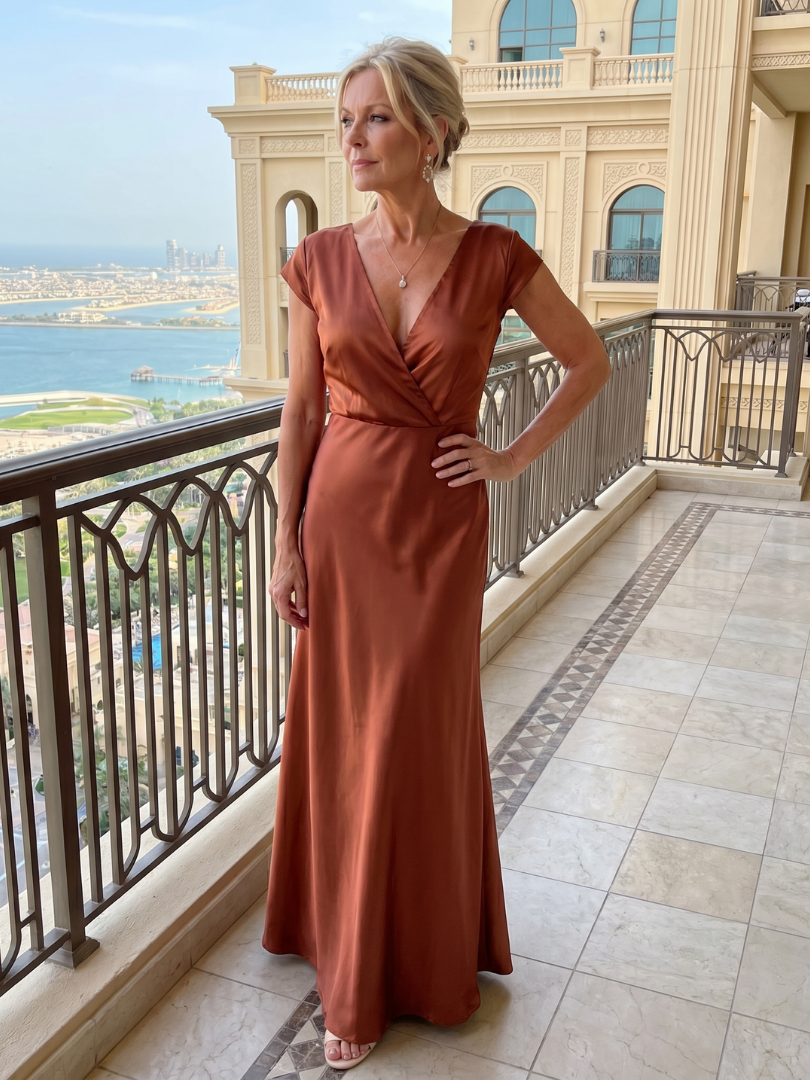 Sandra - Vestido Maxi com Corpete Envolvente e Mangas Curtas