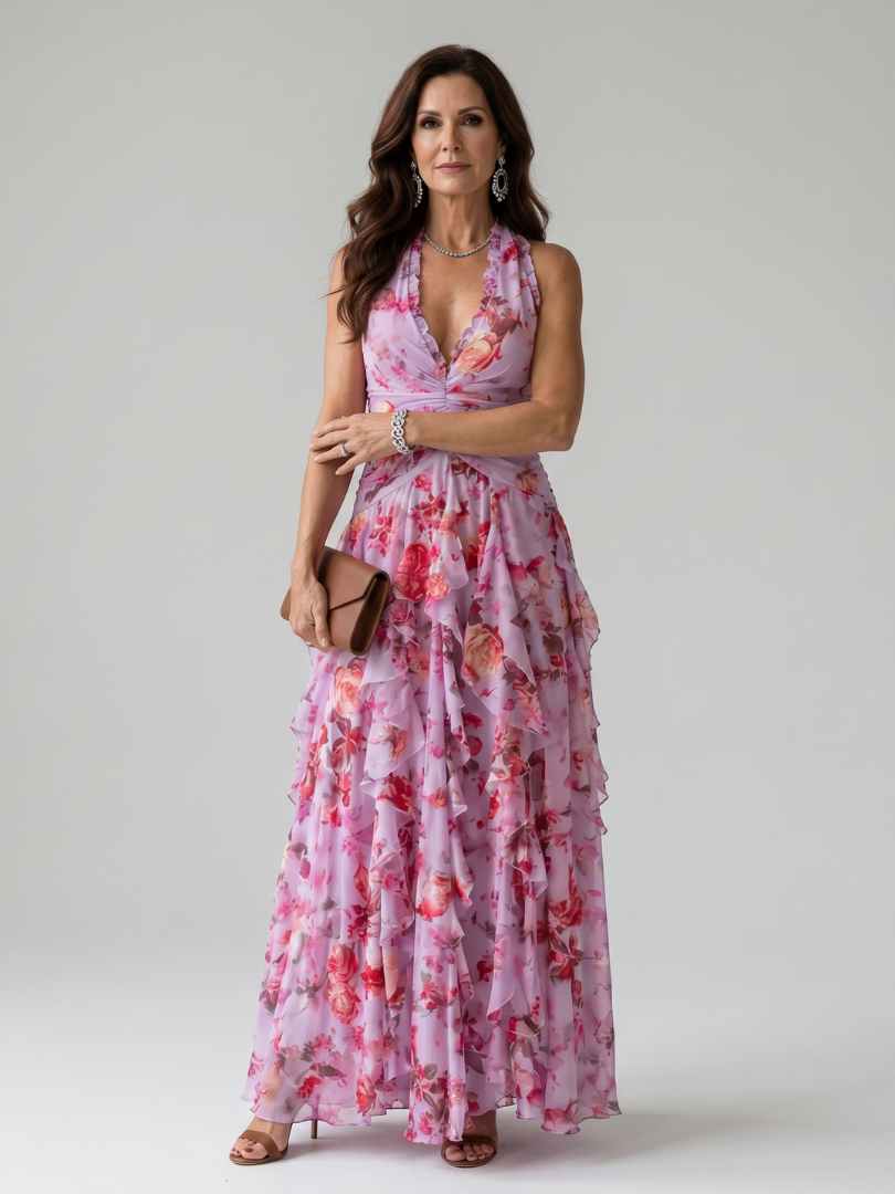 Nora - Vestido Maxi Floral com Decote Halter e Corpete Pregueado