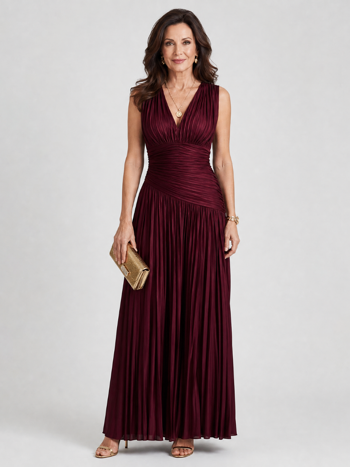 Leonor - Vestido Midi Plissado Sem Mangas com Decote em V