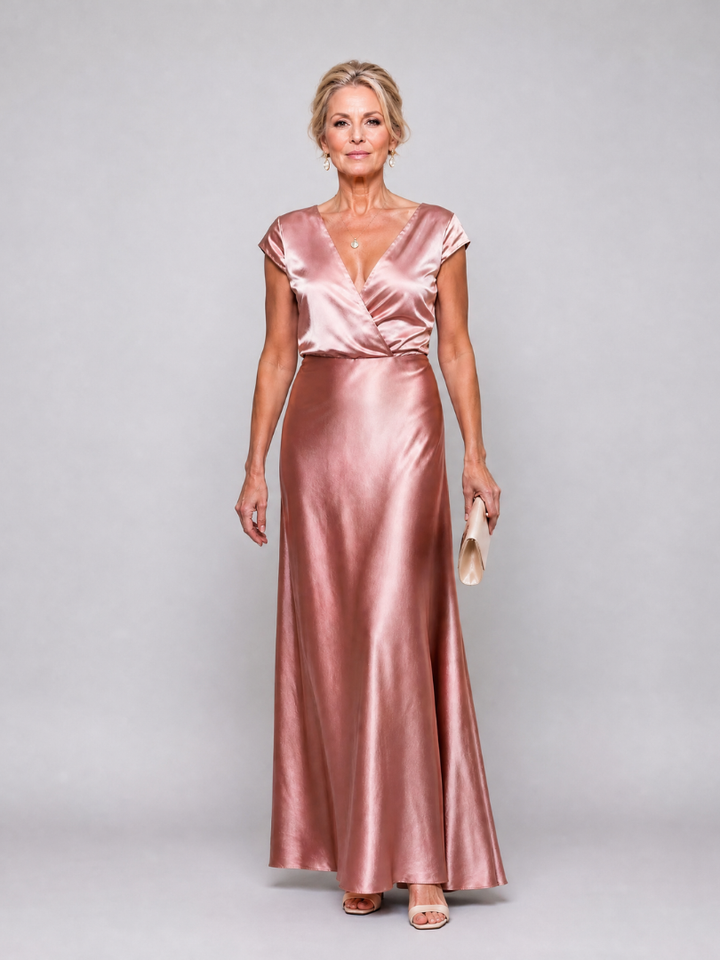 Sandra - Vestido Maxi com Corpete Envolvente e Mangas Curtas
