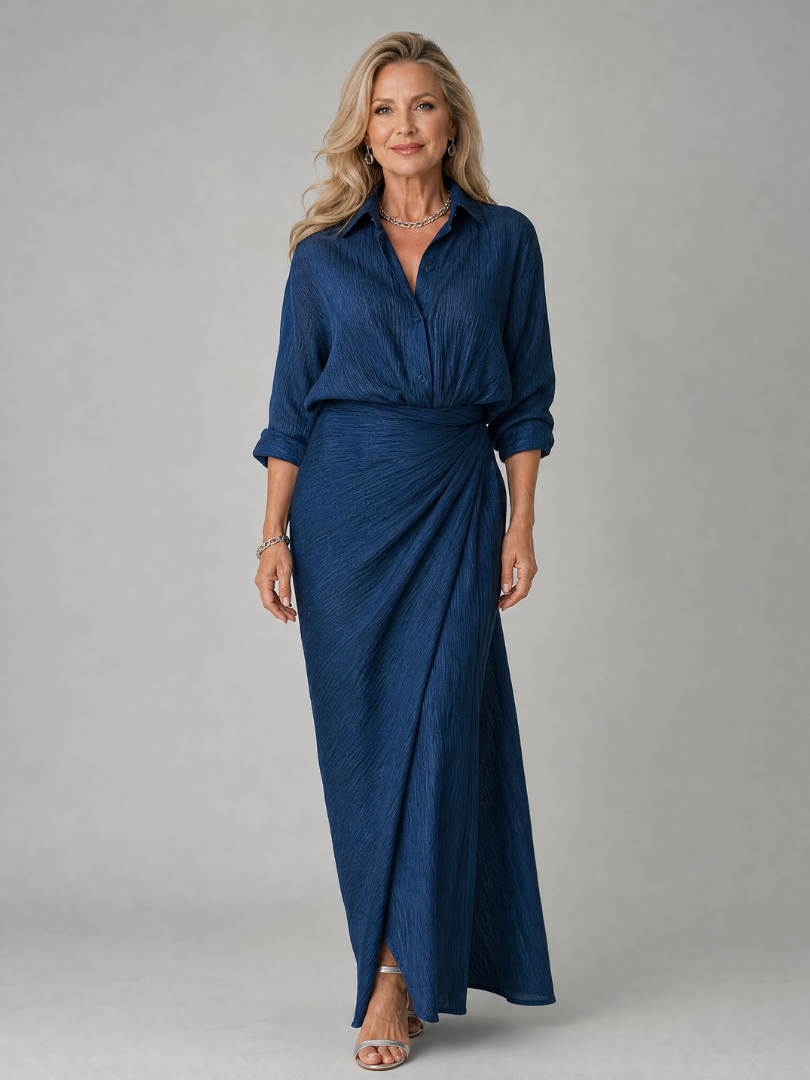 Míriam - Vestido Maxi de Manga Longa com Decote Cruzado