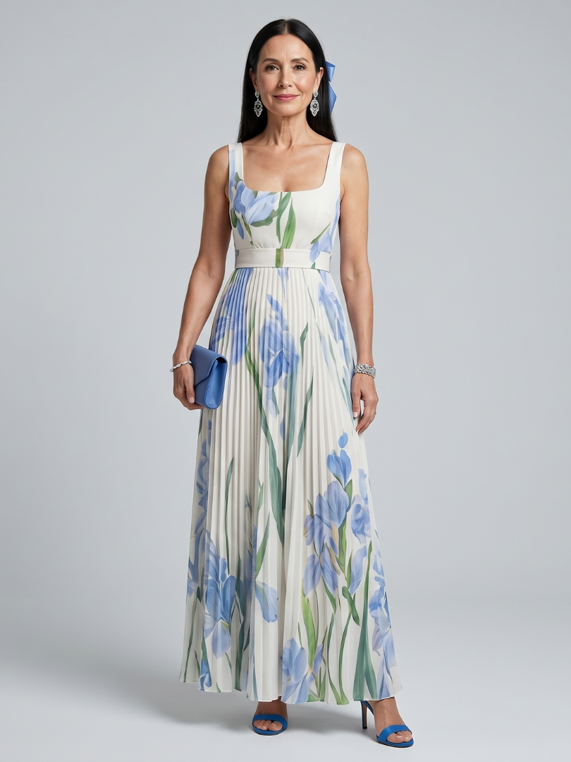 Ofélia - Vestido Midi Sem Mangas com Decote Quadrado e Estampa Floral