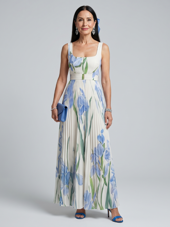 Ofélia - Vestido Midi Sem Mangas com Decote Quadrado e Estampa Floral