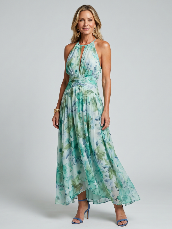 Patrícia - Vestido Midi Floral com Pregas e Alça Halter