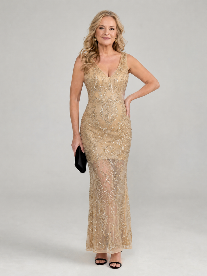 Soraia - Vestido Midi Sem Mangas com Painéis Transparentes e Lantejoulas