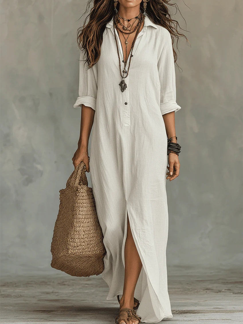 Celeste - Vestido Maxi Relaxado com Decote em V e Botões