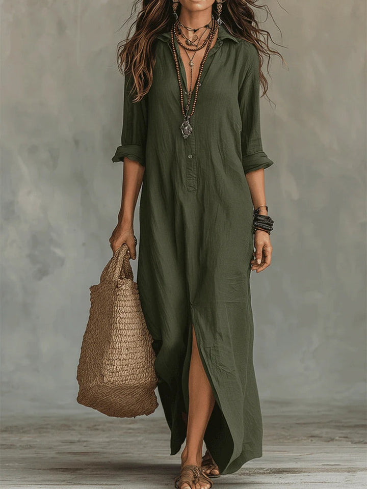 Celeste - Vestido Maxi Relaxado com Decote em V e Botões