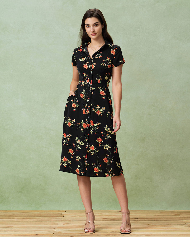 Glória - Vestido Midi Floral Preto