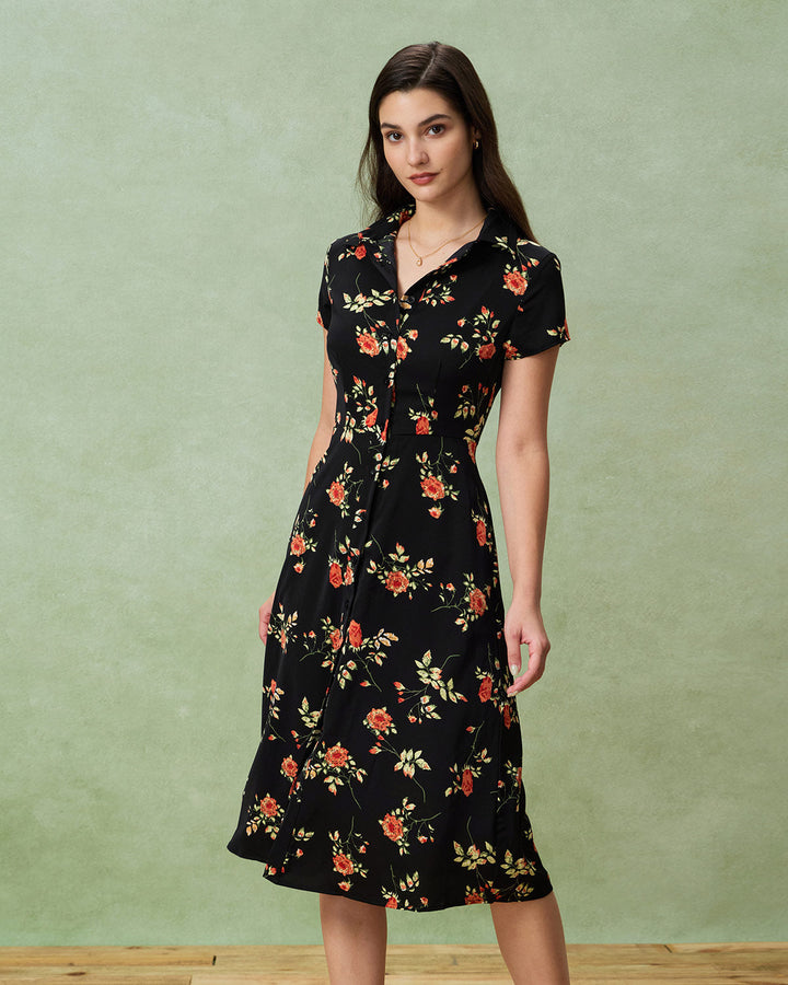 Glória - Vestido Midi Floral Preto