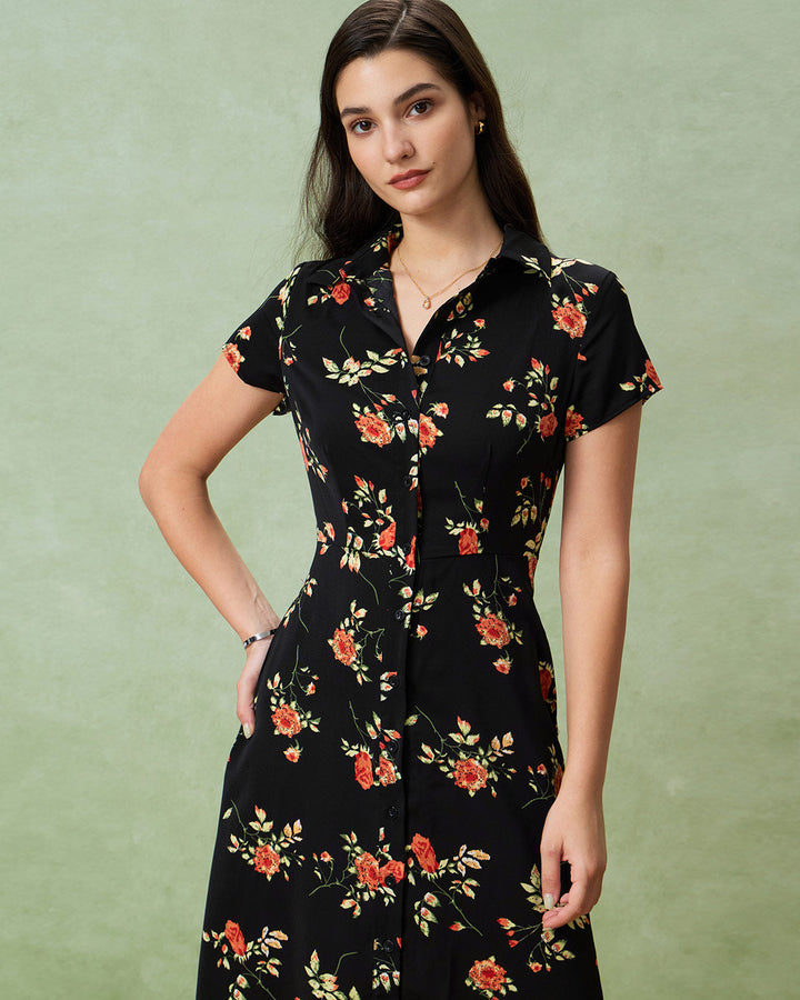 Glória - Vestido Midi Floral Preto