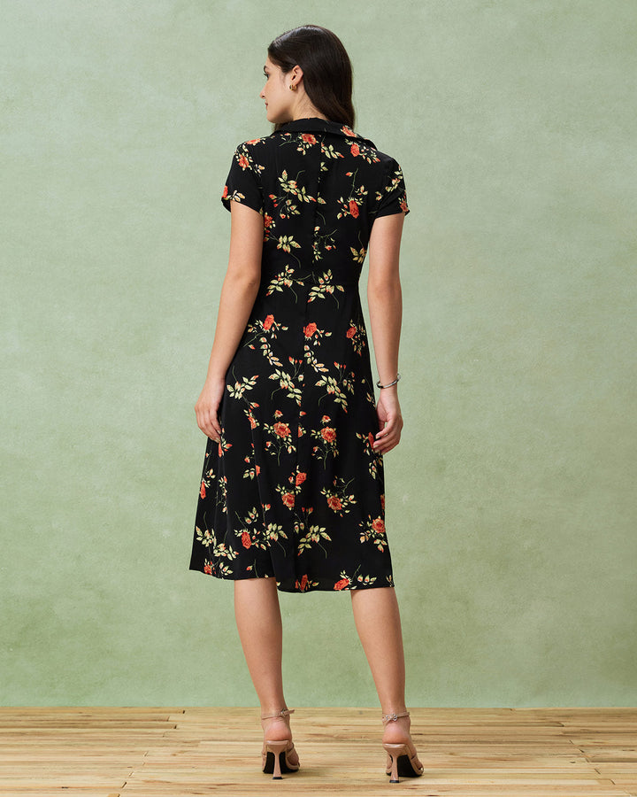 Glória - Vestido Midi Floral Preto