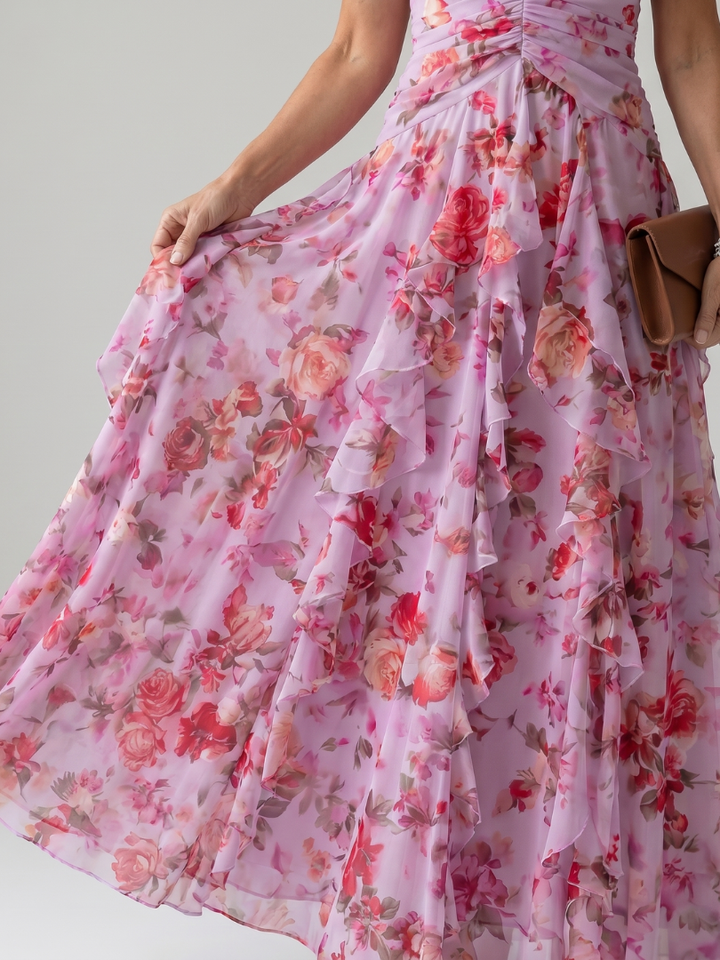 Nora - Vestido Maxi Floral com Decote Halter e Corpete Pregueado