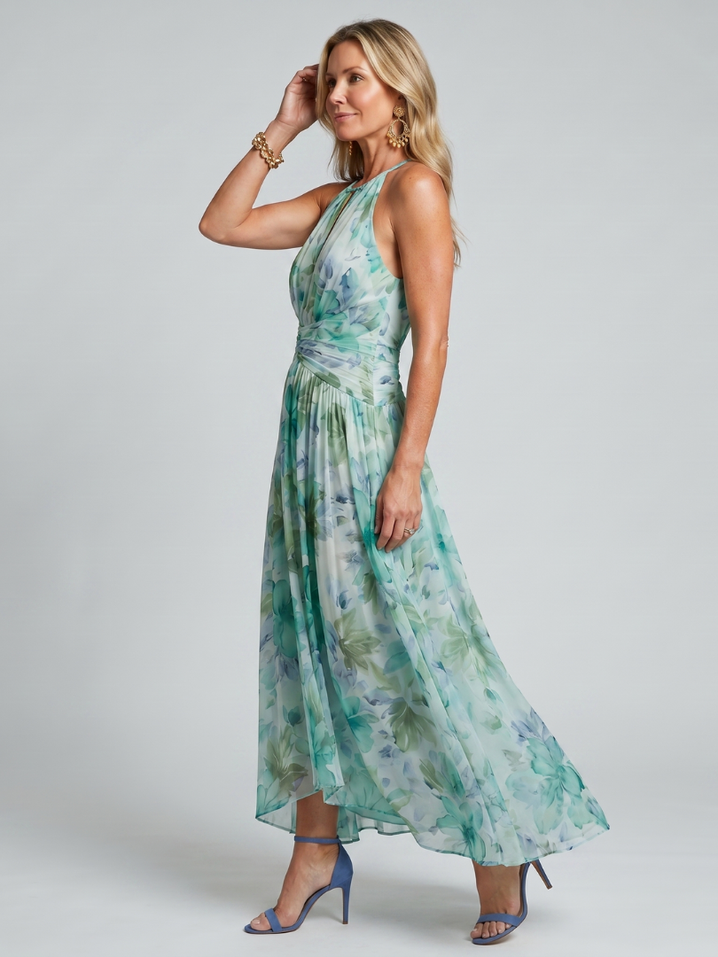 Patrícia - Vestido Midi Floral com Pregas e Alça Halter