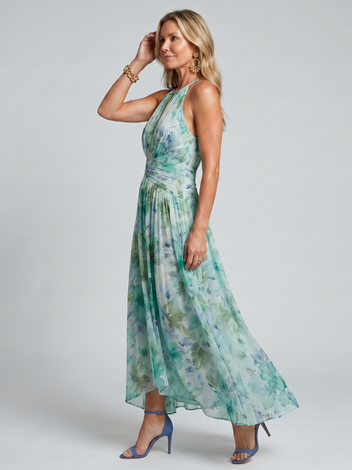 Patrícia - Vestido Midi Floral com Pregas e Alça Halter