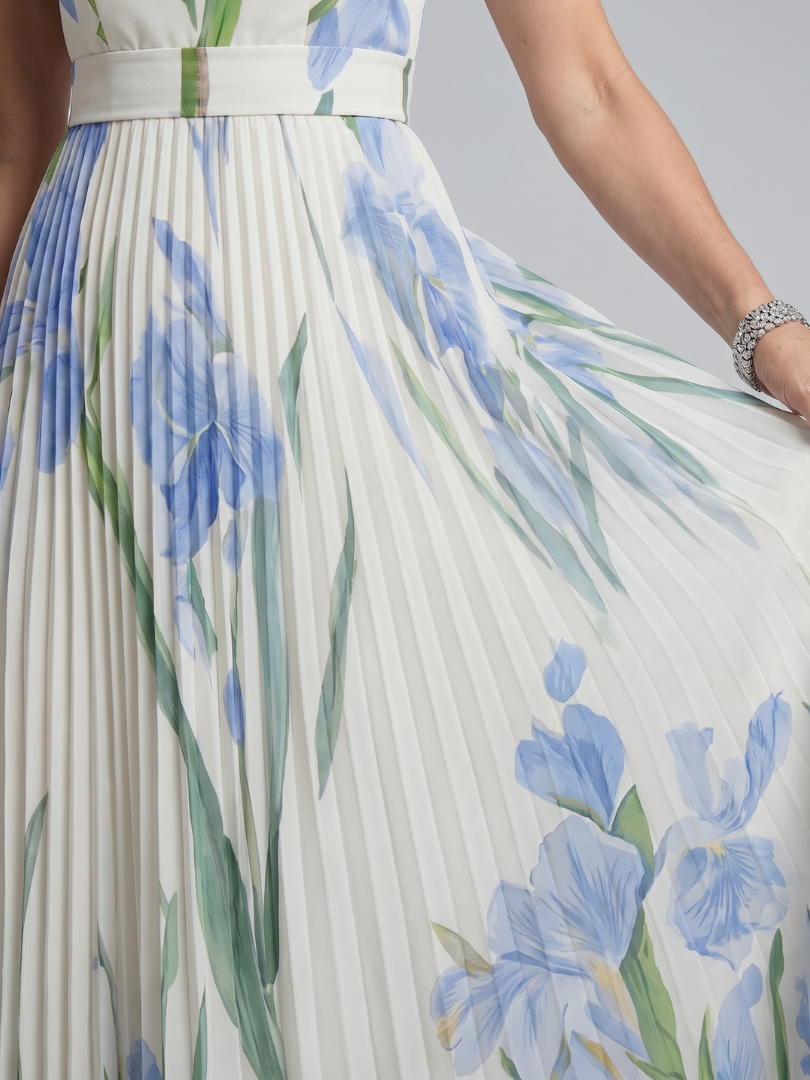 Ofélia - Vestido Midi Sem Mangas com Decote Quadrado e Estampa Floral