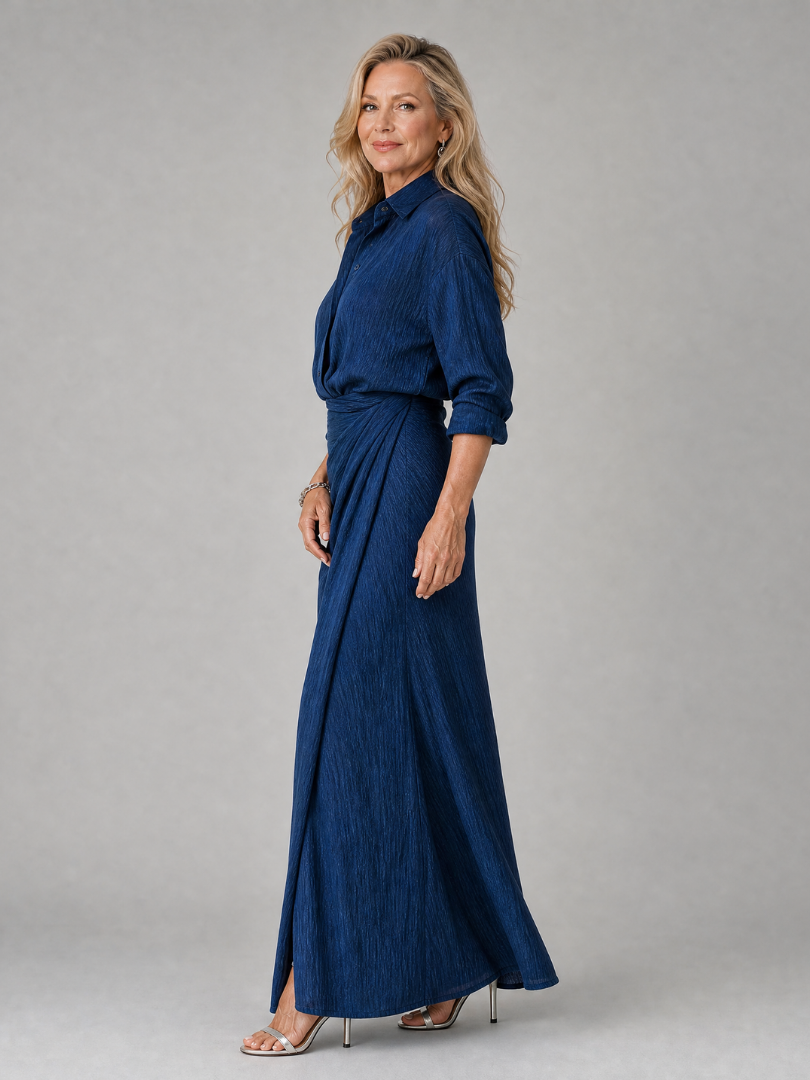 Míriam - Vestido Maxi de Manga Longa com Decote Cruzado