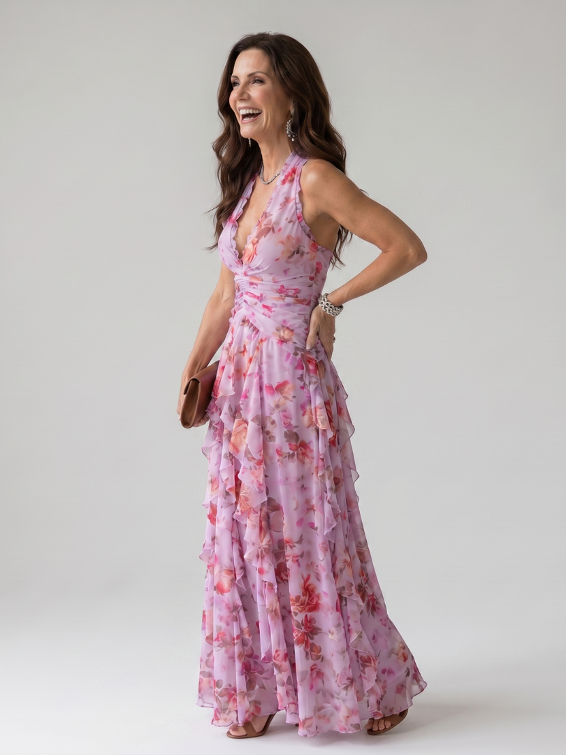 Nora - Vestido Maxi Floral com Decote Halter e Corpete Pregueado
