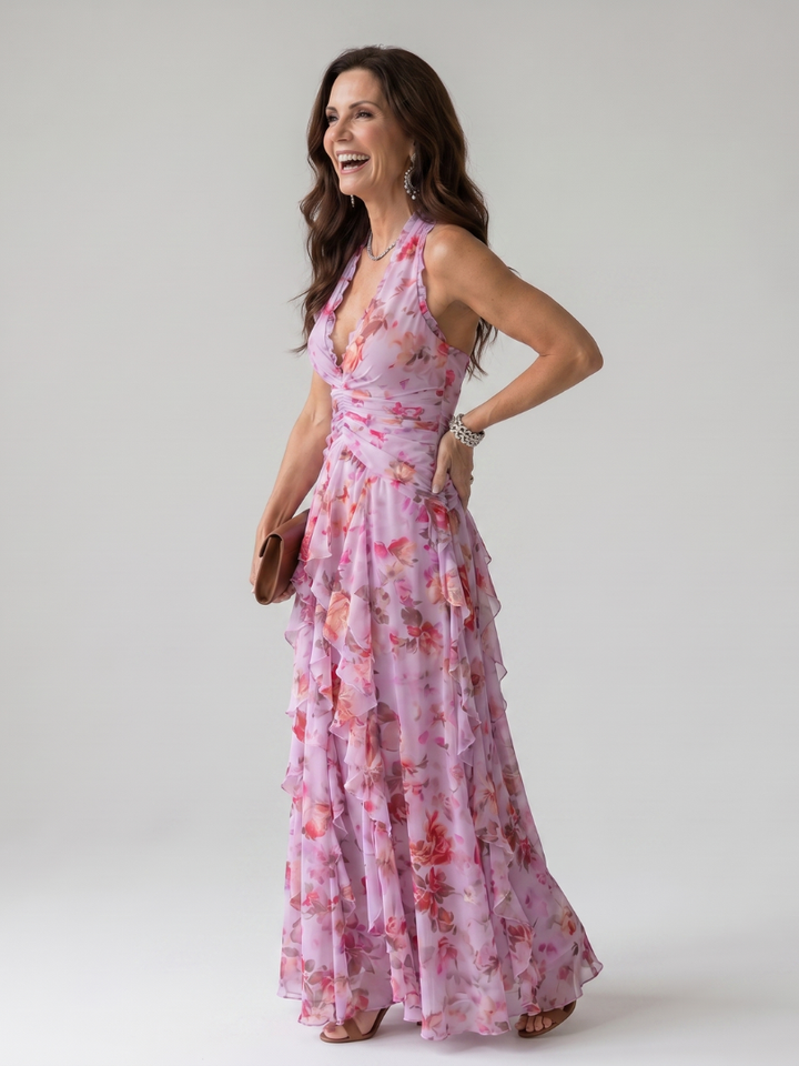 Nora - Vestido Maxi Floral com Decote Halter e Corpete Pregueado