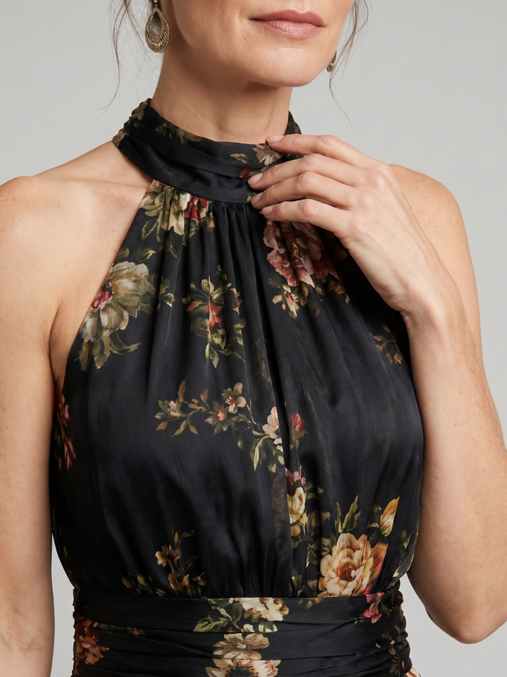 Sílvia - Vestido Midi Floral com Decote Halter