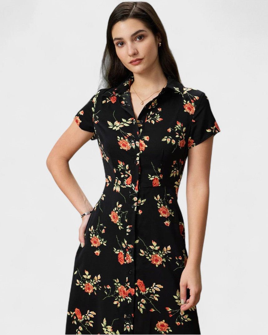 Glória - Vestido Midi Floral Preto