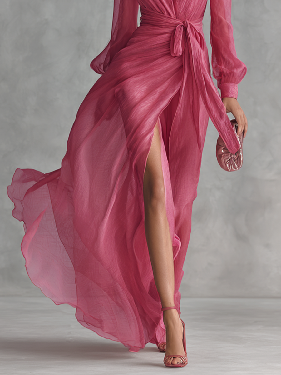 Aurea - Vestido de chiffon rosa com decote em V