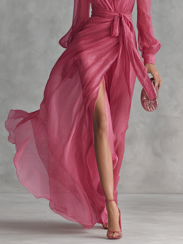 Aurea - Vestido de chiffon rosa com decote em V