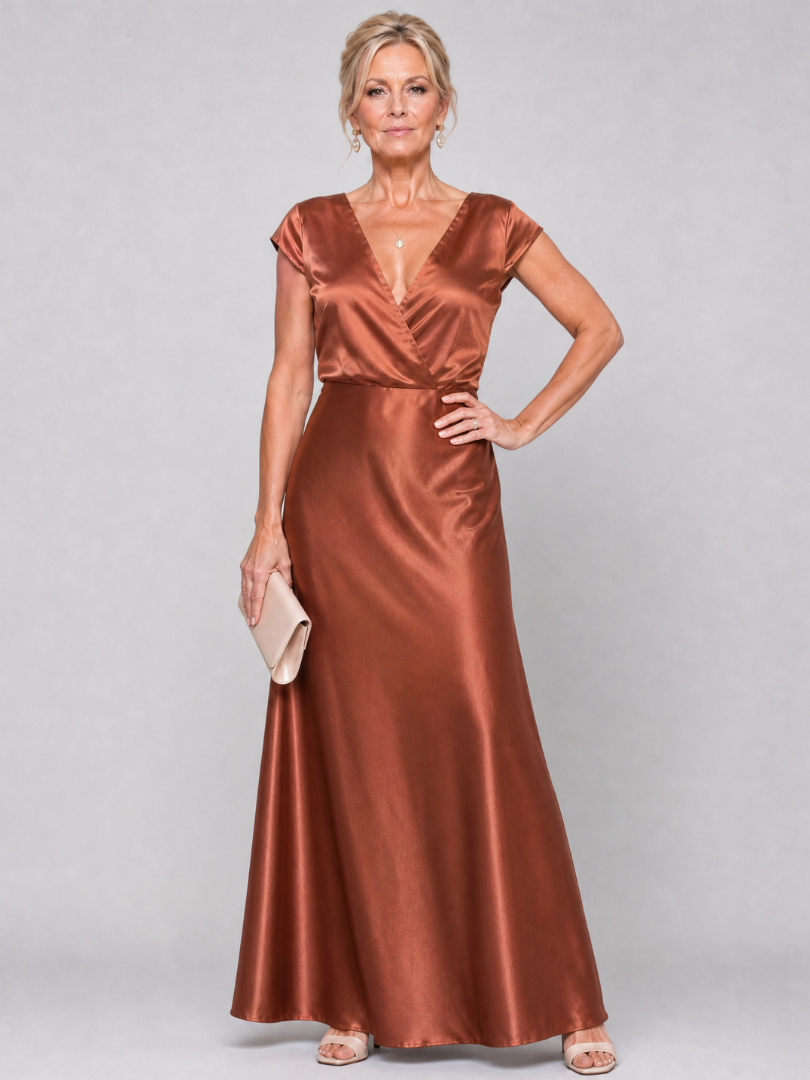 Sandra - Vestido Maxi com Corpete Envolvente e Mangas Curtas