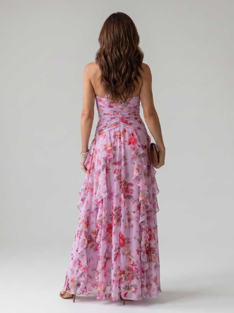 Nora - Vestido Maxi Floral com Decote Halter e Corpete Pregueado