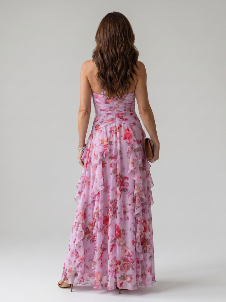 Nora - Vestido Maxi Floral com Decote Halter e Corpete Pregueado