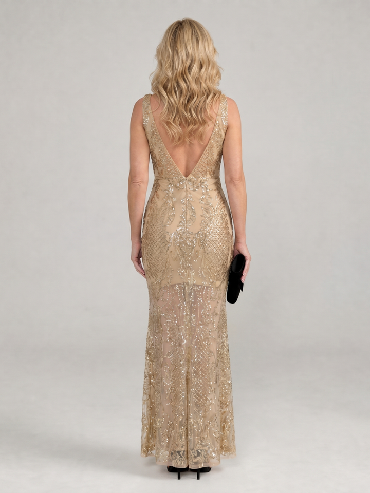 Soraia - Vestido Midi Sem Mangas com Painéis Transparentes e Lantejoulas