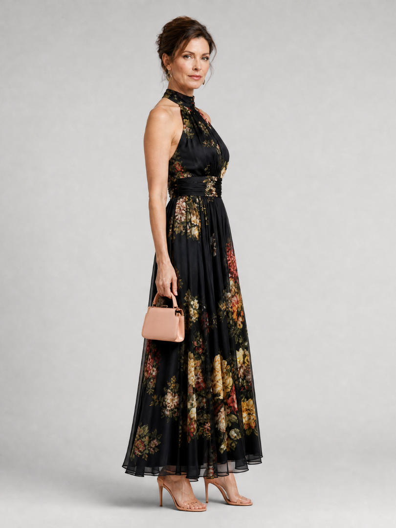 Sílvia - Vestido Midi Floral com Decote Halter
