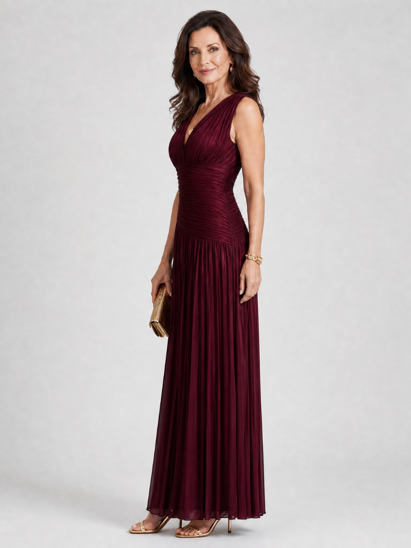 Leonor - Vestido Midi Plissado Sem Mangas com Decote em V