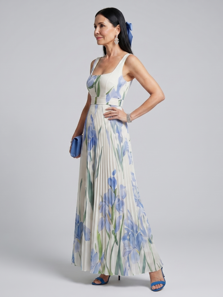 Ofélia - Vestido Midi Sem Mangas com Decote Quadrado e Estampa Floral