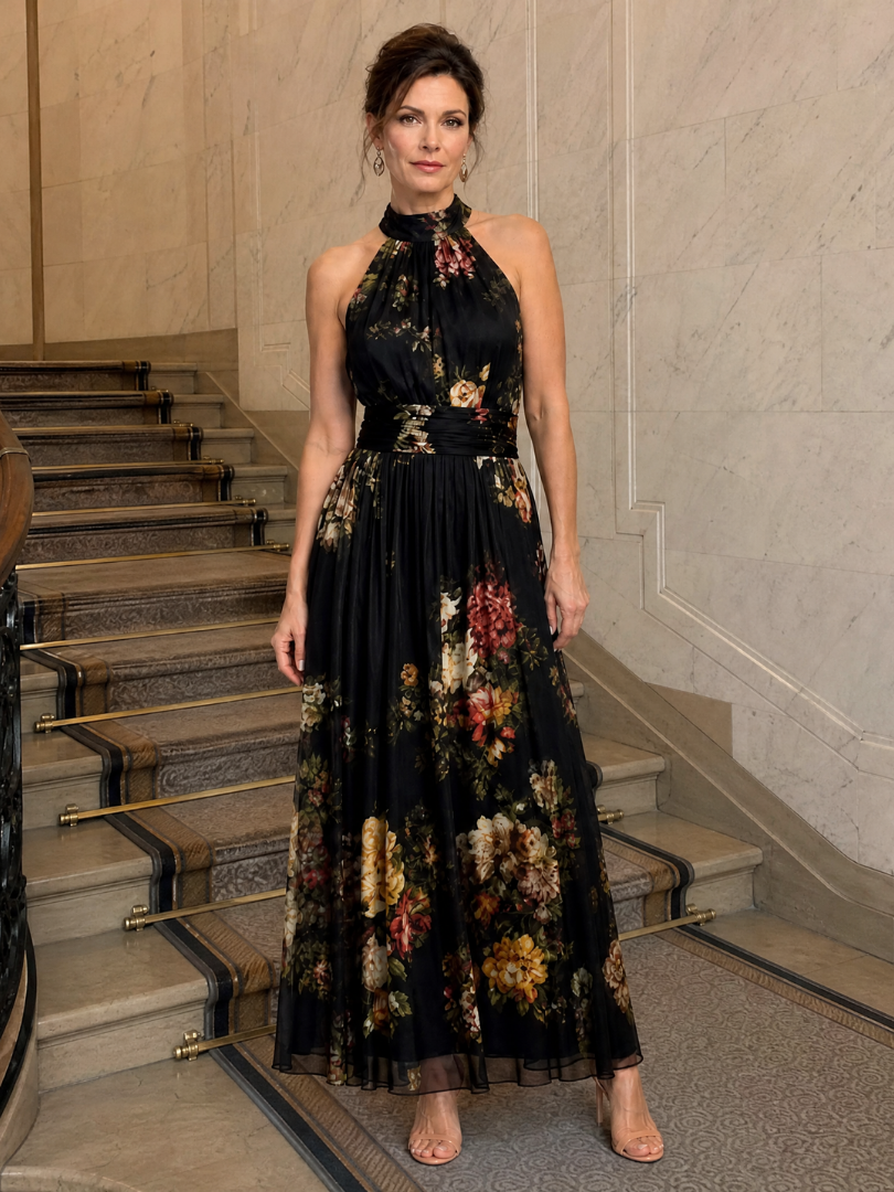 Sílvia - Vestido Midi Floral com Decote Halter