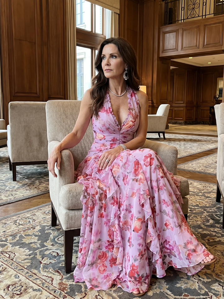 Nora - Vestido Maxi Floral com Decote Halter e Corpete Pregueado