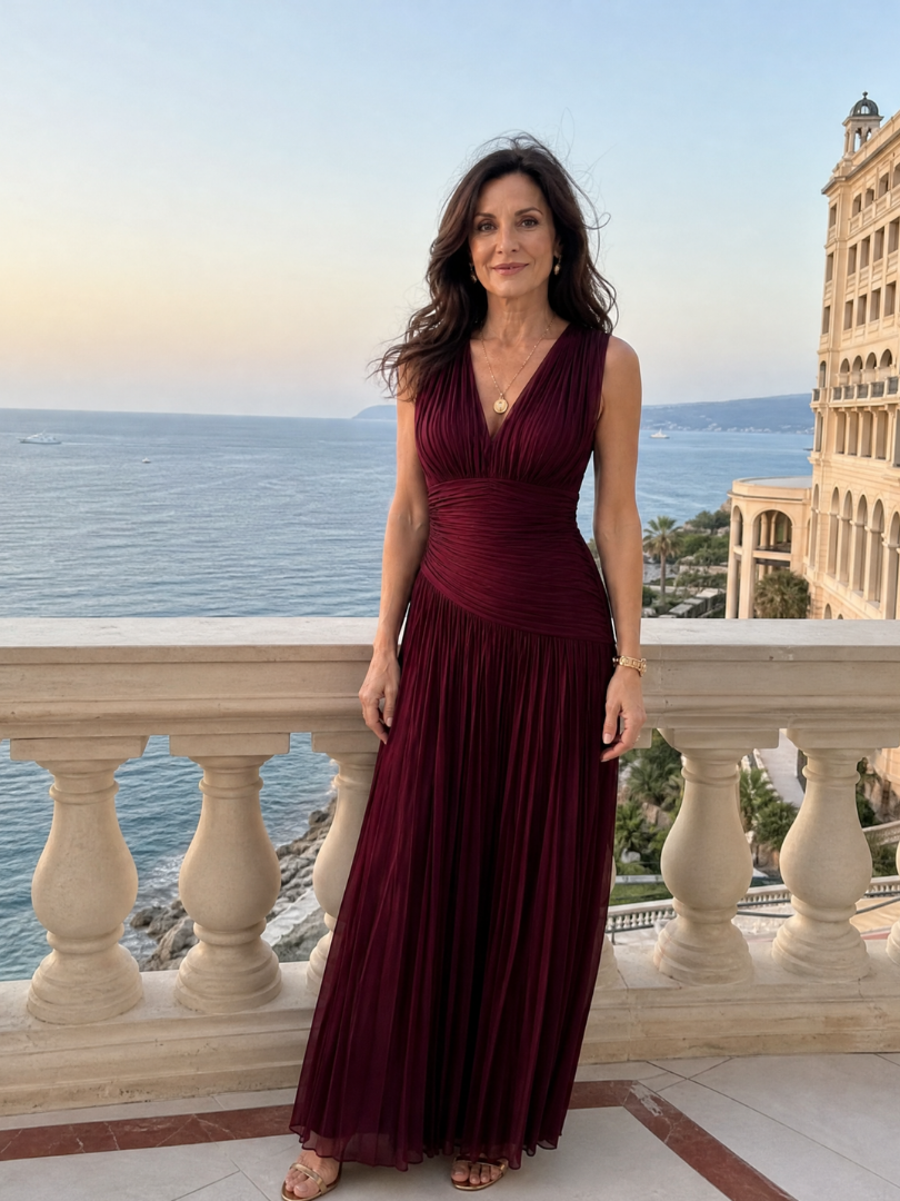Leonor - Vestido Midi Plissado Sem Mangas com Decote em V