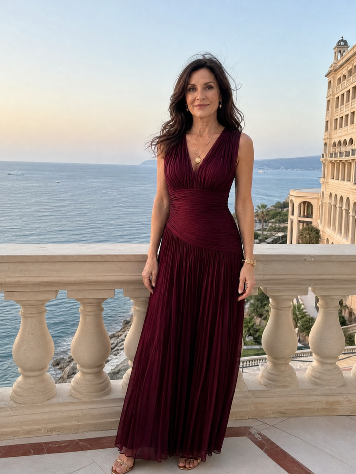 Leonor - Vestido Midi Plissado Sem Mangas com Decote em V