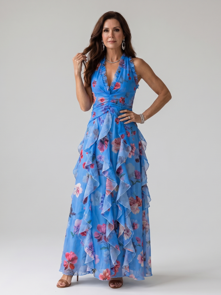 Nora - Vestido Maxi Floral com Decote Halter e Corpete Pregueado