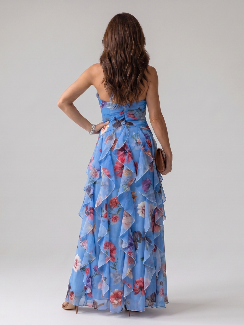 Nora - Vestido Maxi Floral com Decote Halter e Corpete Pregueado