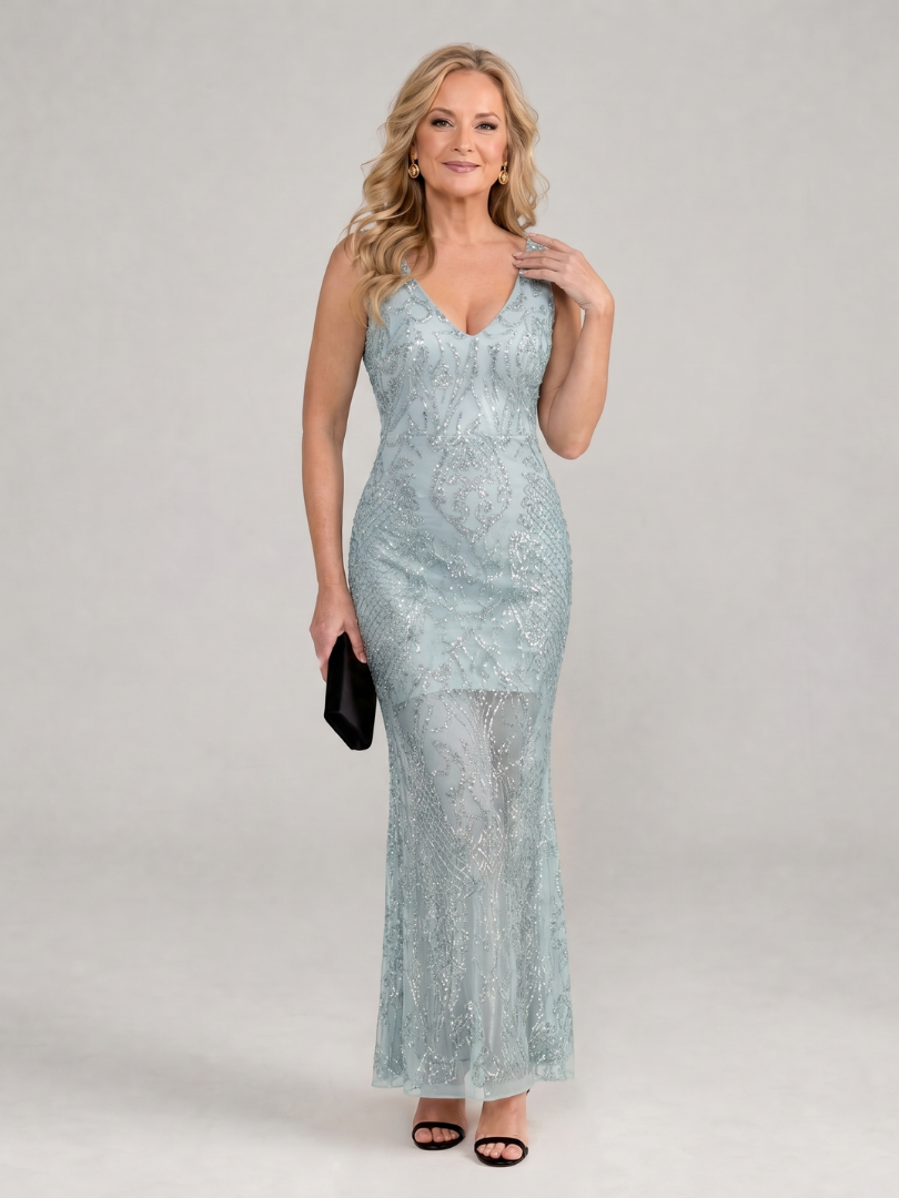 Soraia - Vestido Midi Sem Mangas com Painéis Transparentes e Lantejoulas