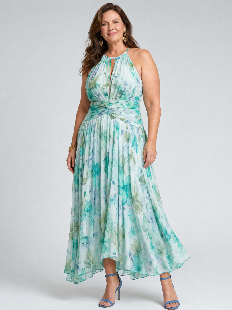 Patrícia - Vestido Midi Floral com Pregas e Alça Halter