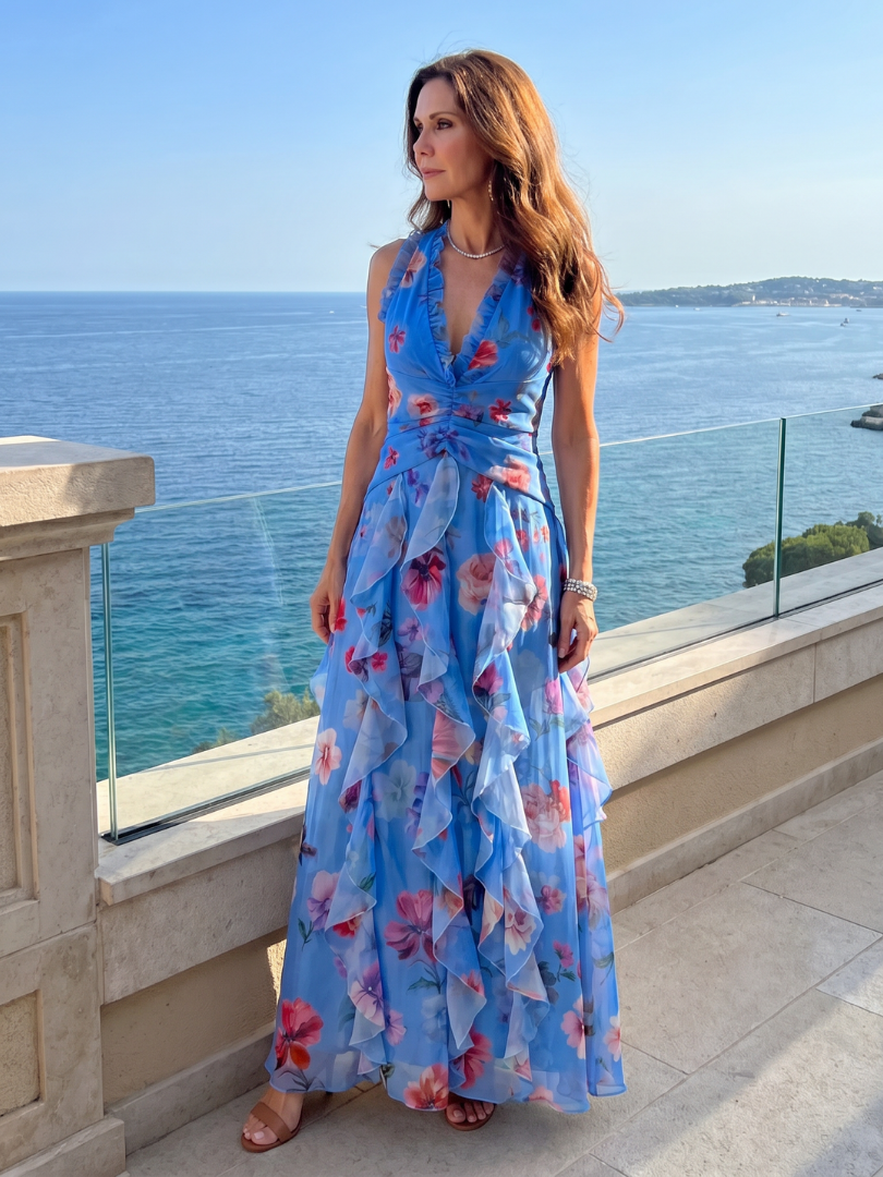 Nora - Vestido Maxi Floral com Decote Halter e Corpete Pregueado