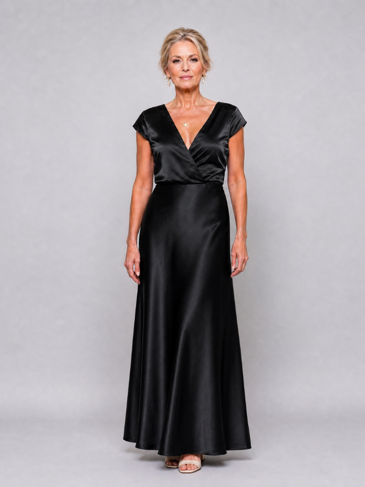 Sandra - Vestido Maxi com Corpete Envolvente e Mangas Curtas