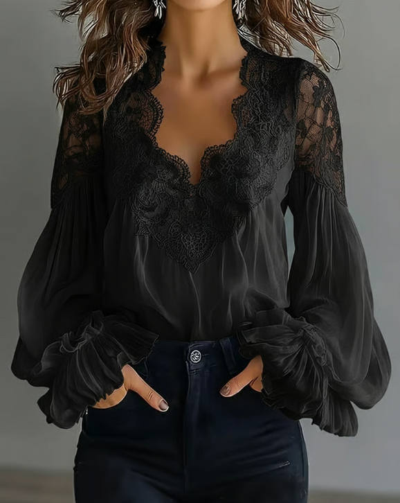Lara - Blusa com renda floral e mangas de lanterna