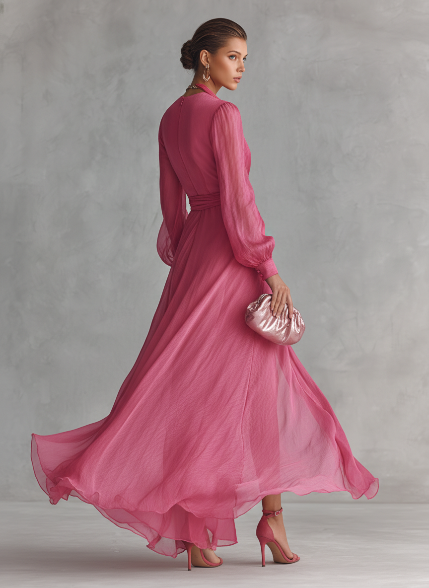 Aurea - Vestido de chiffon rosa com decote em V