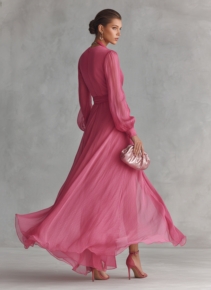 Aurea - Vestido de chiffon rosa com decote em V