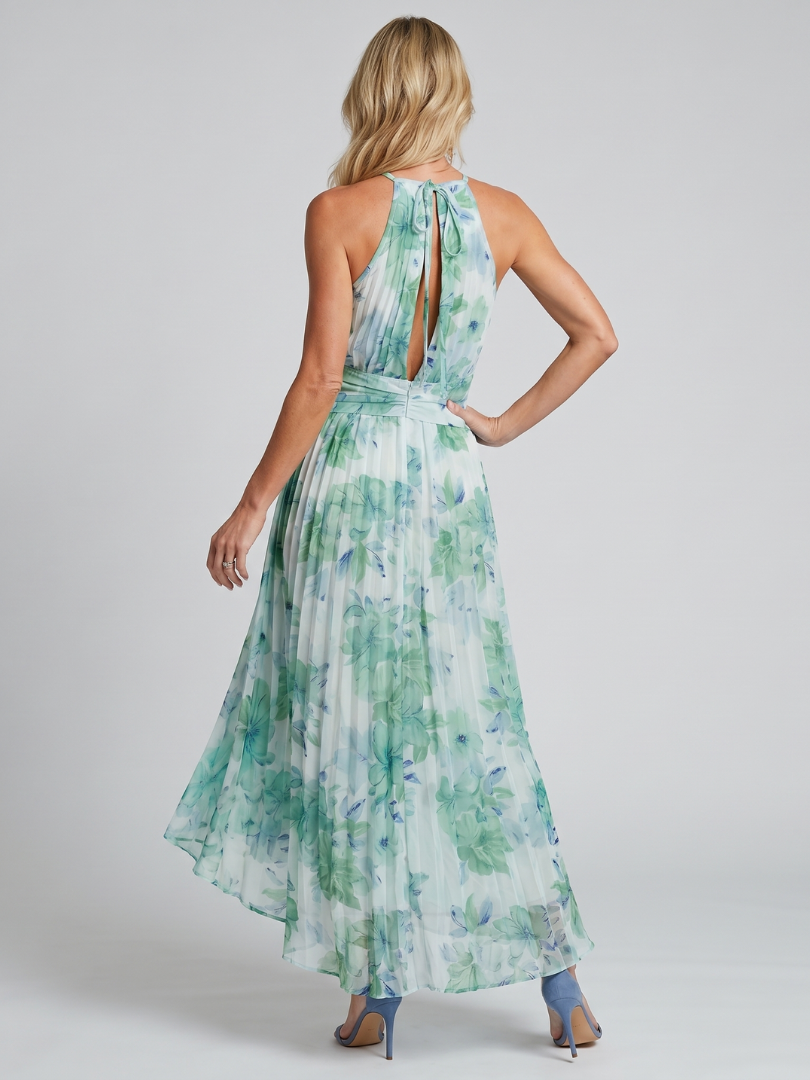 Patrícia - Vestido Midi Floral com Pregas e Alça Halter