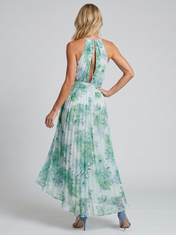 Patrícia - Vestido Midi Floral com Pregas e Alça Halter